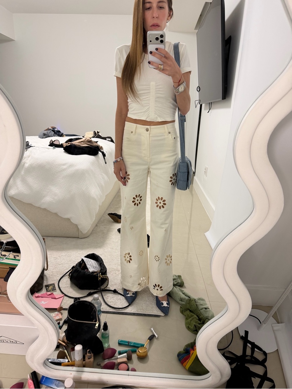 LoveShackFancy Cream High-Rise Wide-Leg Jeans with Floral Cutouts